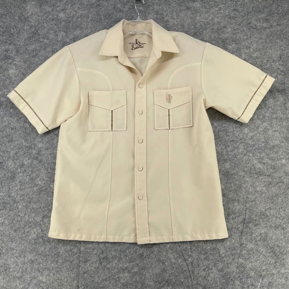 VTG‎ Iolani Hawaii Executive Shirt Men Large Beige Tiki Safari Aloha Camp 70s